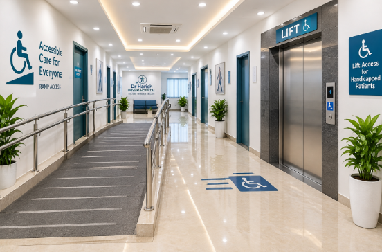 Wide accessible corridor at the physiotherapy centre at Dr. Harish Kumawat Physio Hospital Kuchaman